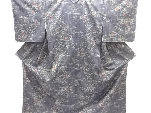 クリスマスセール大特価品　未使用品　家屋に草花模様織り出し手織り真綿紬着物